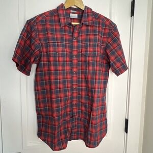 Columbia Shirt Mens Plaid Short Sleeve Snap Pockets Fishing Outdoor